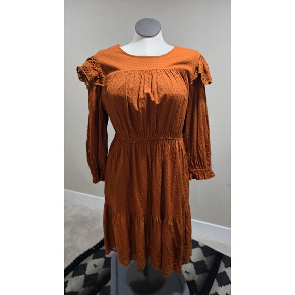Rust Orange Long-Sleeve Textured Dress W/Eyelet Detailing & Elastic Waist By Uni - Picture 10 of 13
